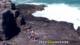 Outdoor Adventure: Babes Engage In Passionate Encounter On A Rocky Terrain, Risked Getting Caught